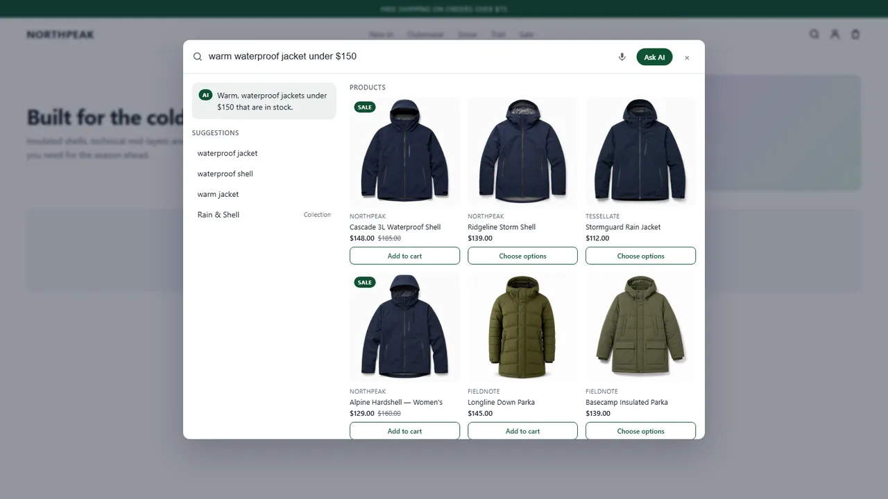 Search overlay reading a whole sentence, price cap included