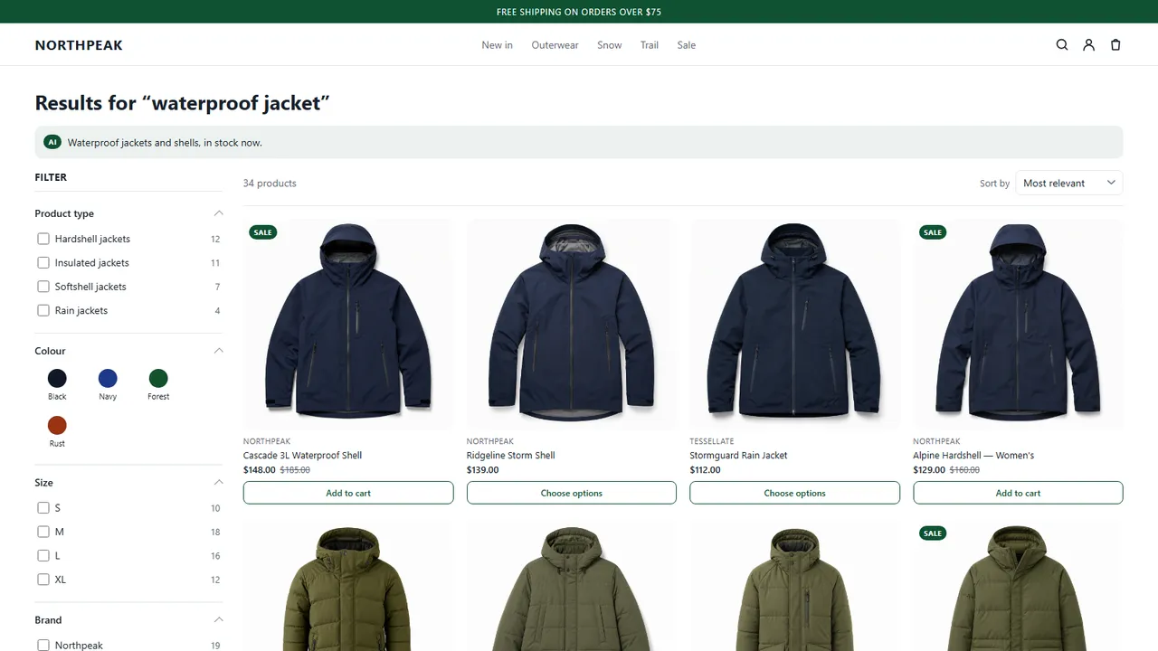 Search results page with filters, sorting and a product grid