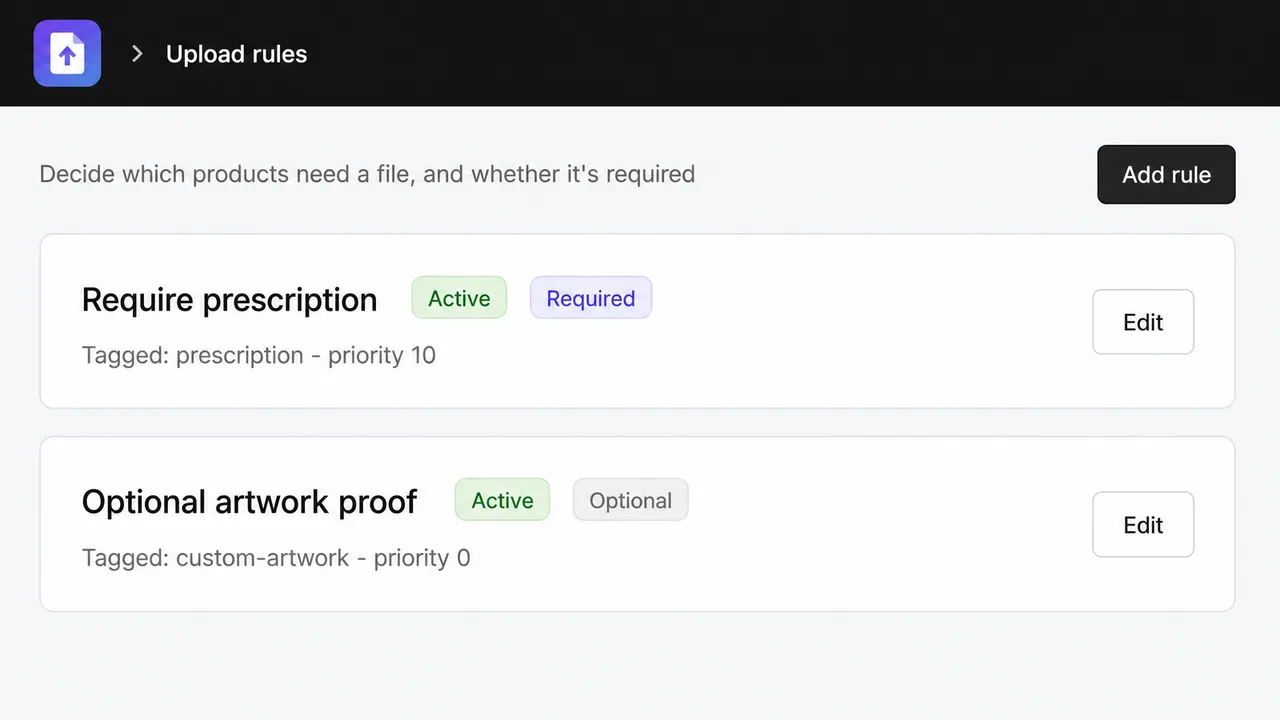 Upload rules screen targeting products, tags, types, vendors and collections