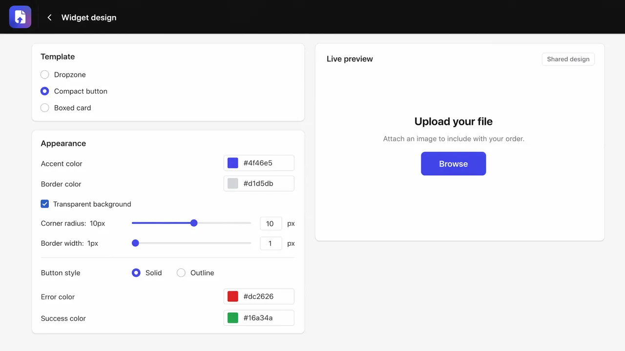 Widget design settings for colours, borders, button style and copy