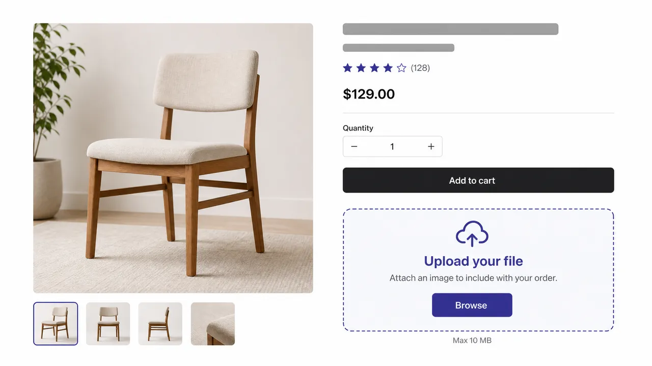 Product page with the file upload widget below the add-to-cart button