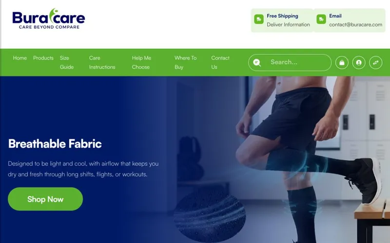 Buracare compression-wear Shopify storefront homepage
