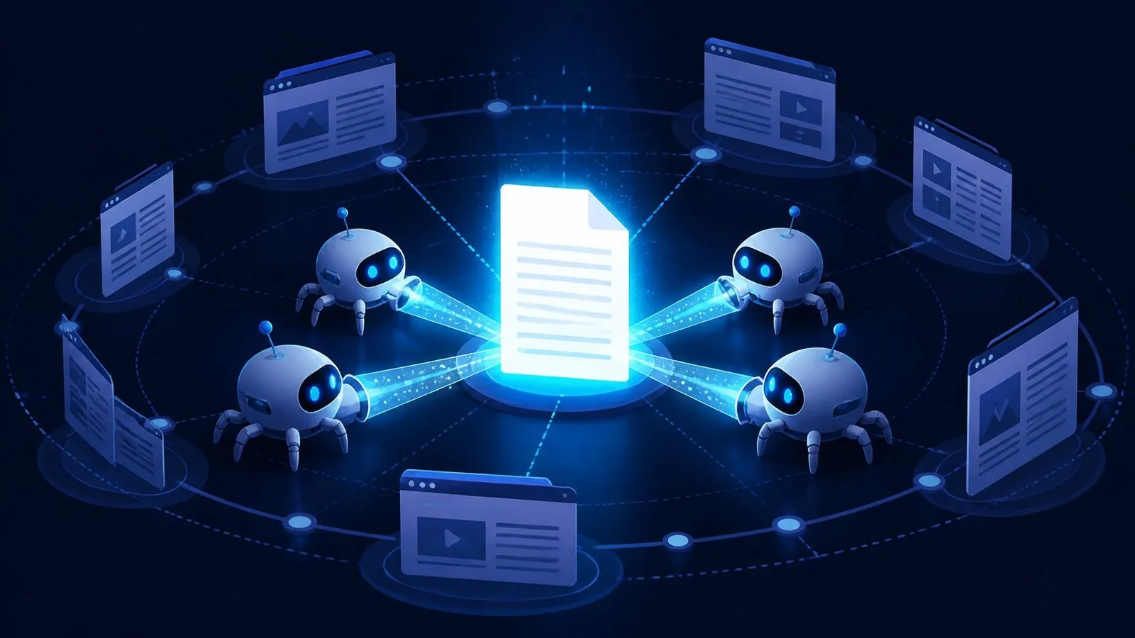 A plain text file at the center of a website structure with robot crawlers reading from it through beams of light
