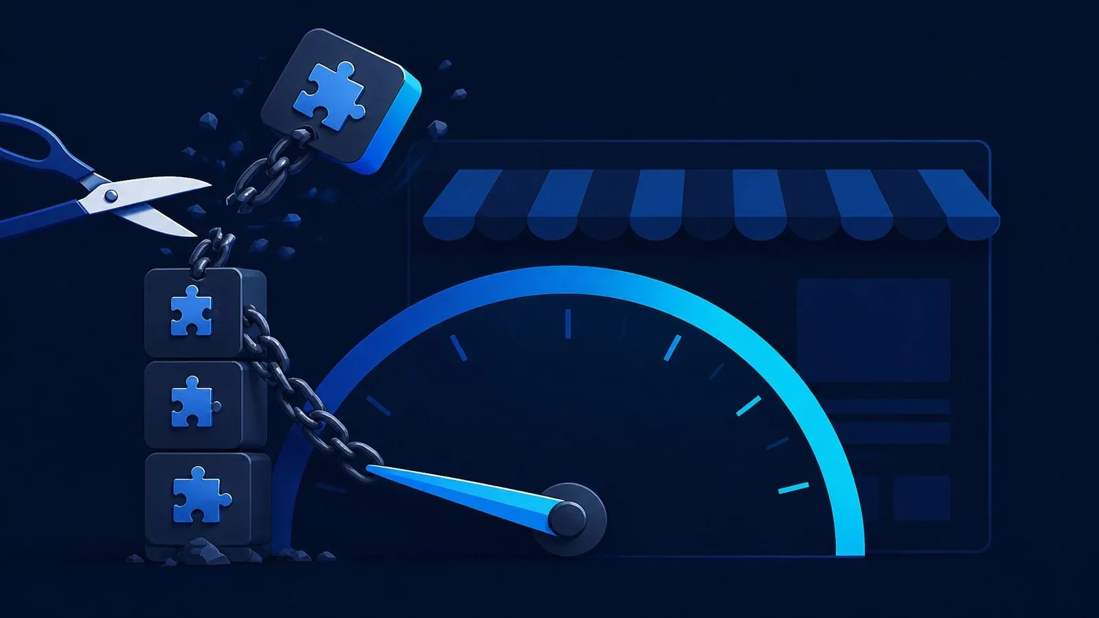 Editorial illustration of a storefront speedometer weighed down by heavy app blocks, one being cut free, on dark navy