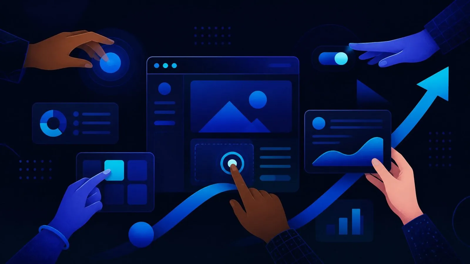 Editorial illustration of accessible interface elements with focus rings and a growth arrow on dark navy