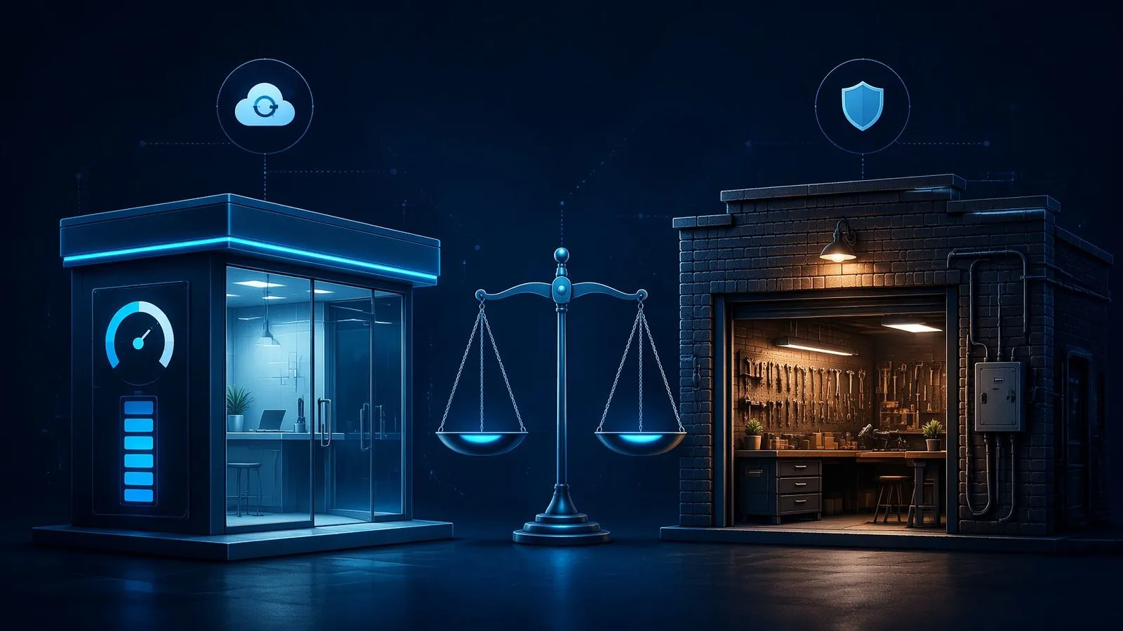 Two storefronts side by side — a sleek rented kiosk with a subscription meter and an owned workshop with visible tools — with a balanced scale between them