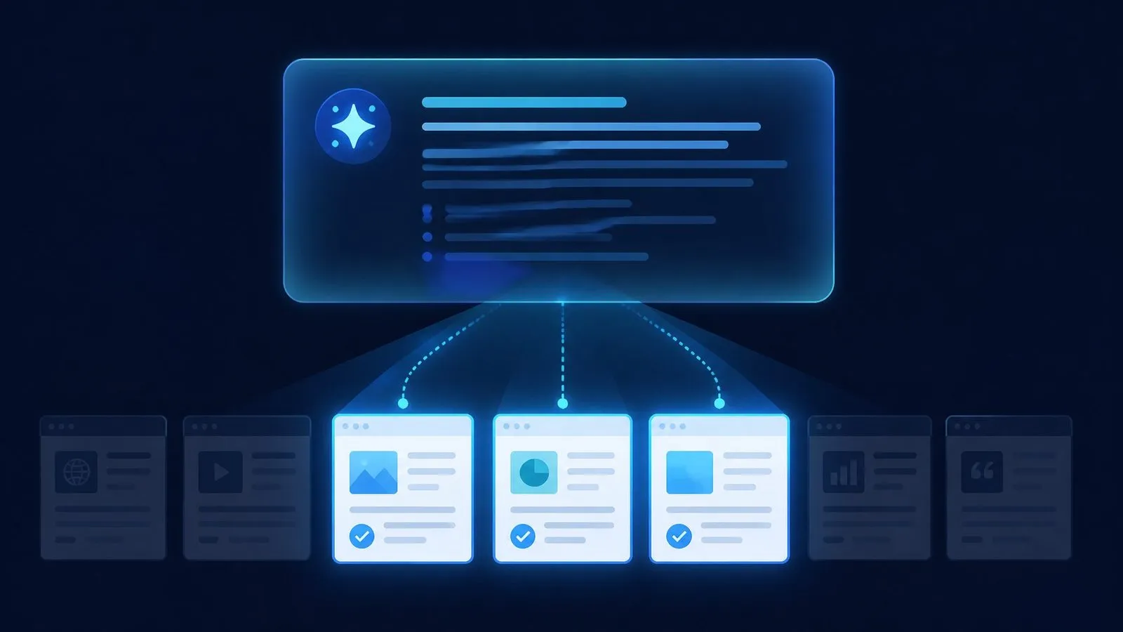 AI answer panel above a lineup of webpage cards with a spotlight selecting three as cited sources