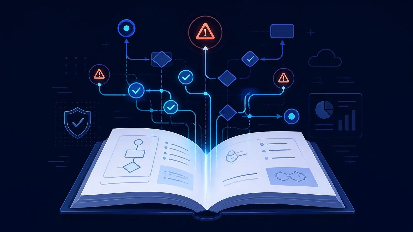 Editorial illustration of an operations manual with glowing pipeline flowcharts and checkpoints on dark navy