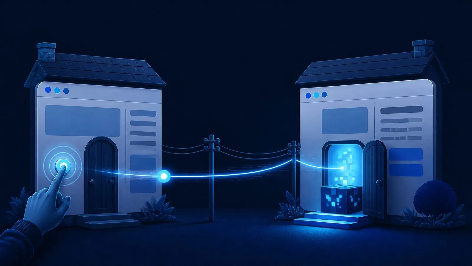 Editorial illustration of event signals travelling between connected systems on dark navy