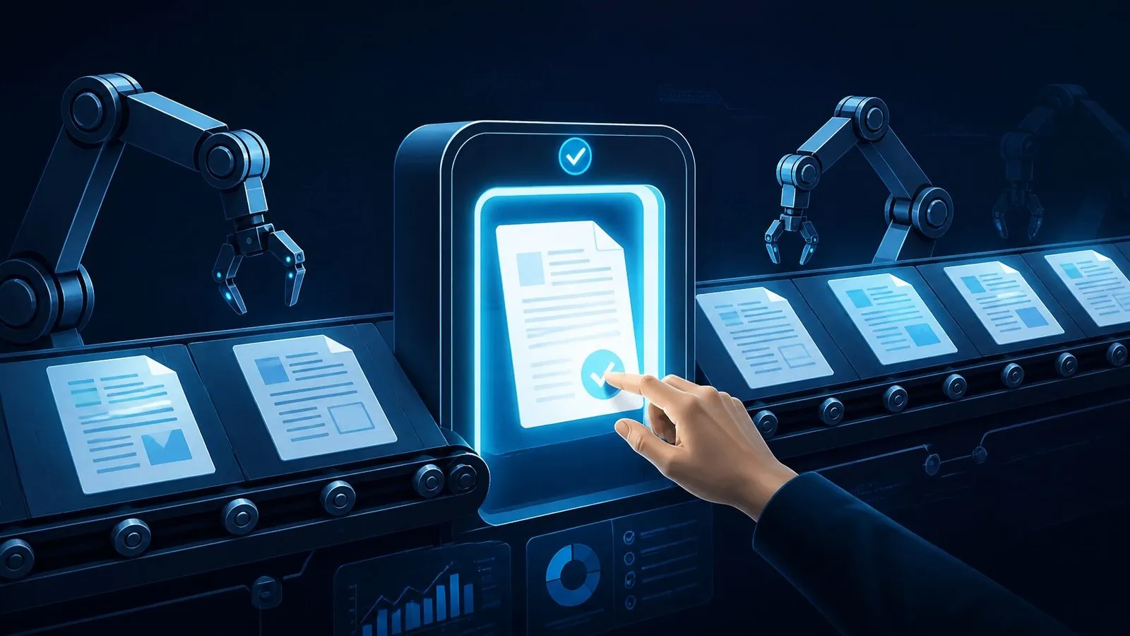 Conveyor of documents passing through robotic arms with a lit checkpoint gate where a human hand approves each item