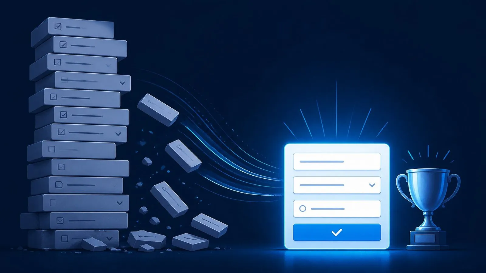Editorial illustration of a streamlined web form with a highlighted call-to-action button on dark navy